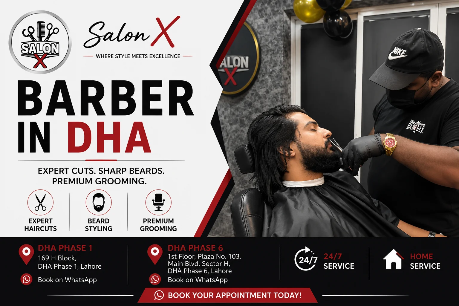Professional barber in DHA providing premium haircuts, beard styling, skin fades, and men's grooming at Salon X in DHA Phase 1 and DHA Phase 6, Lahore.
