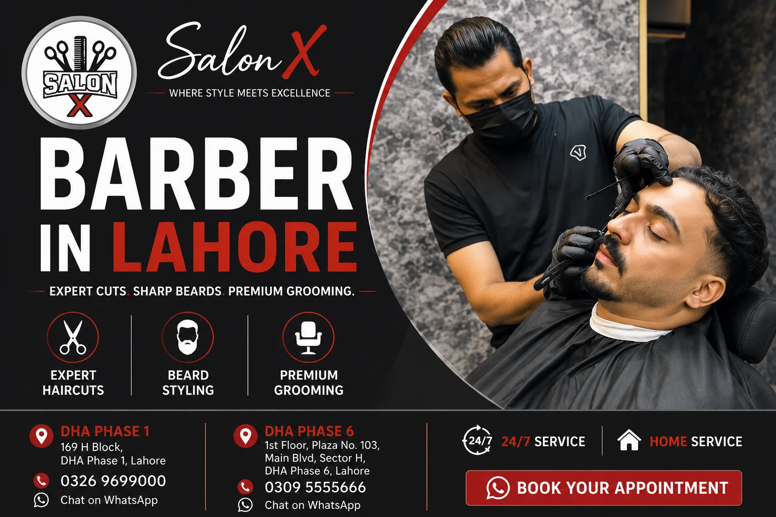 Professional barber in Lahore at Salon X providing expert haircuts, skin fades, beard styling, premium men's grooming, 24/7 service, and home service from DHA Phase 1 and DHA Phase 6.