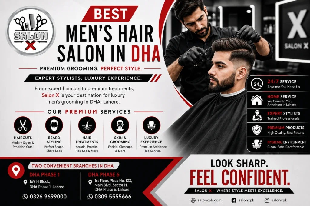 Best men's hair salon in DHA by Salon X offering premium haircuts, beard styling, hair spa, keratin treatments, luxury grooming, 24/7 service, and home service from DHA Phase 1 and DHA Phase 6 branches in Lahore.