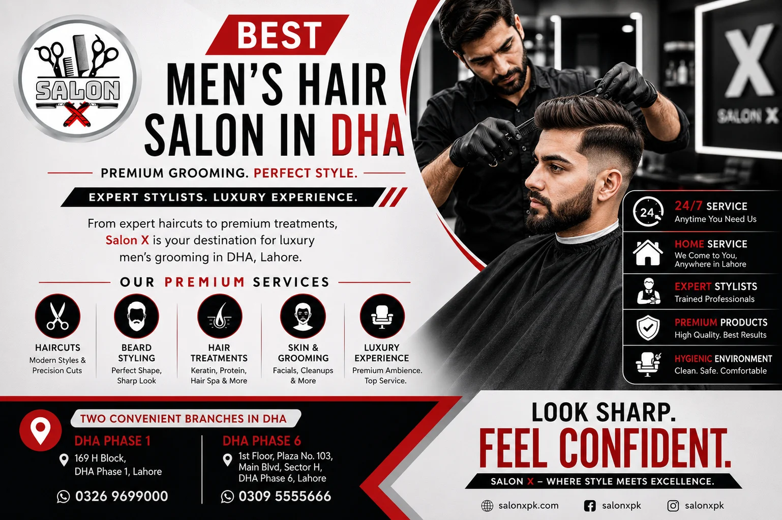 Best men's hair salon in DHA by Salon X offering premium haircuts, beard styling, hair spa, keratin treatments, luxury grooming, 24/7 service, and home service from DHA Phase 1 and DHA Phase 6 branches in Lahore.