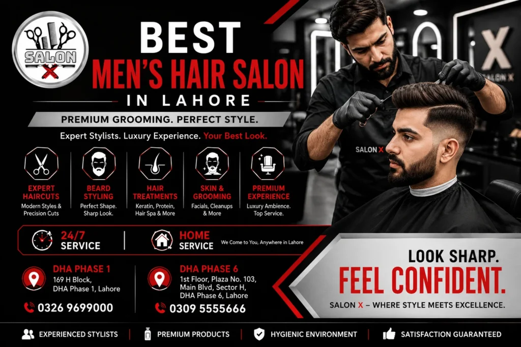 Best men's hair salon in Lahore by Salon X offering premium haircuts, beard styling, luxury grooming, hair treatments, 24/7 service, and home service with branches in DHA Phase 1 and DHA Phase 6.
