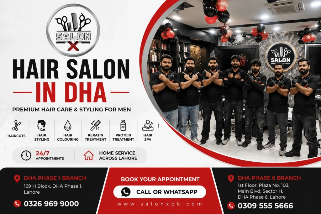 Salon X team at the best Hair Salon in DHA providing premium men's haircuts, hairstyling, hair colouring, keratin treatments, protein treatments, and professional grooming in Lahore.