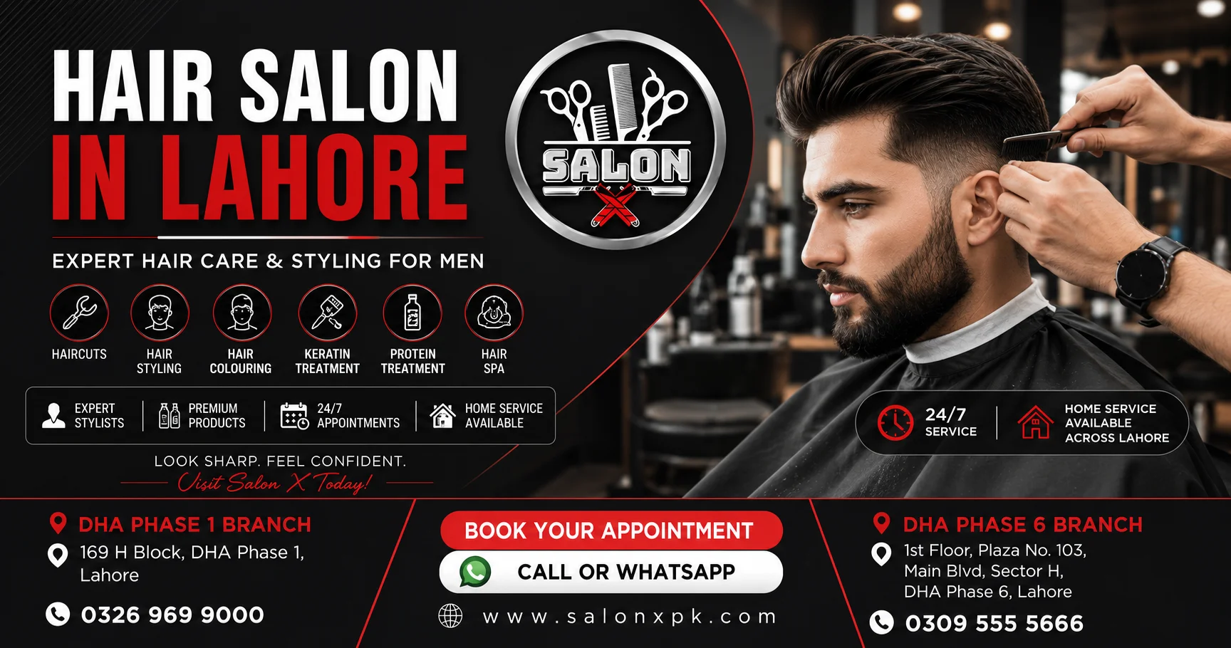 Professional hair salon in Lahore offering expert haircuts, hair styling, keratin treatments, protein treatments, and premium men's grooming at Salon X in DHA Phase 1 and DHA Phase 6.