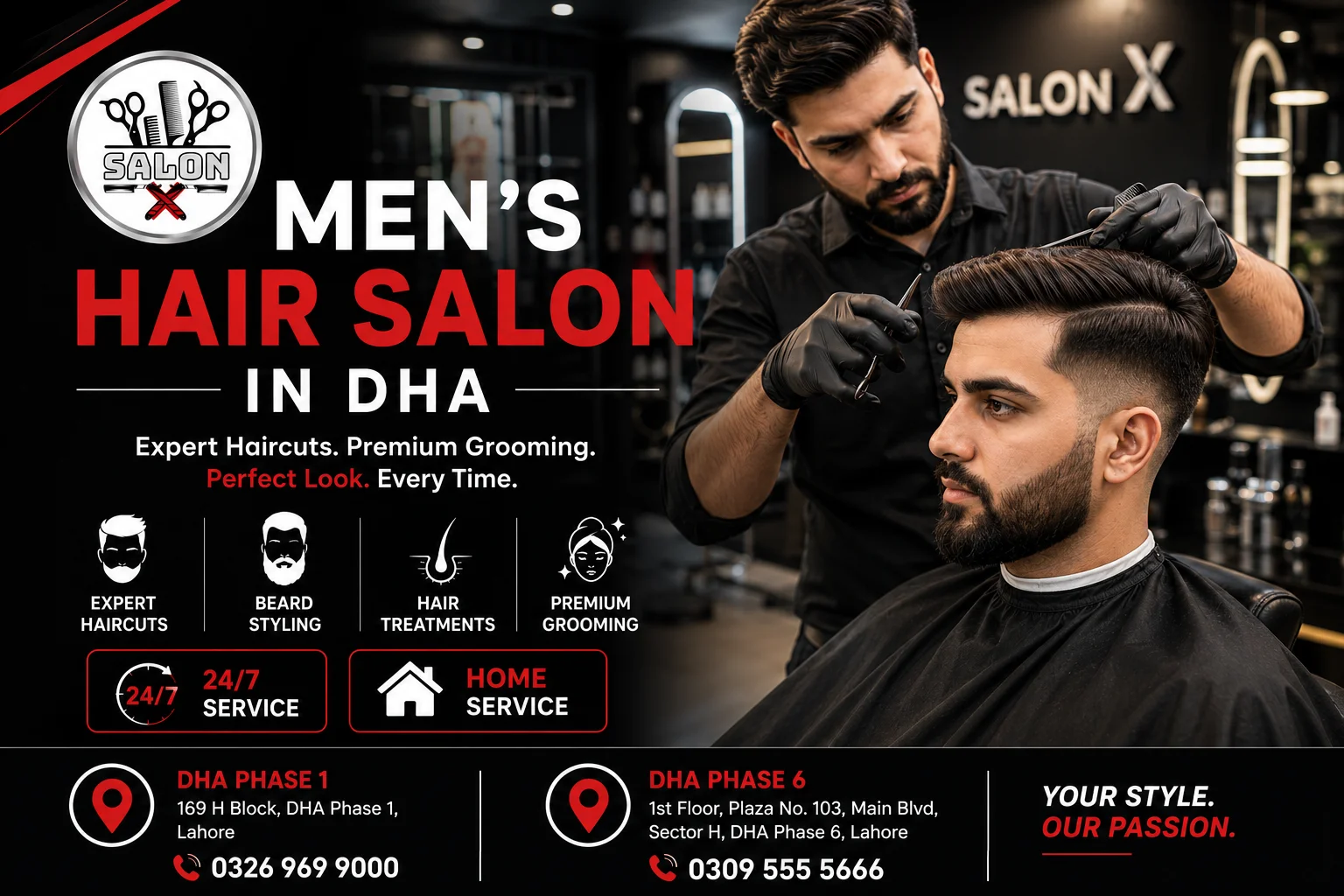Professional men's hair salon in DHA by Salon X offering expert haircuts, beard styling, premium hair treatments, 24/7 grooming service, home service, and branches in DHA Phase 1 and DHA Phase 6, Lahore.