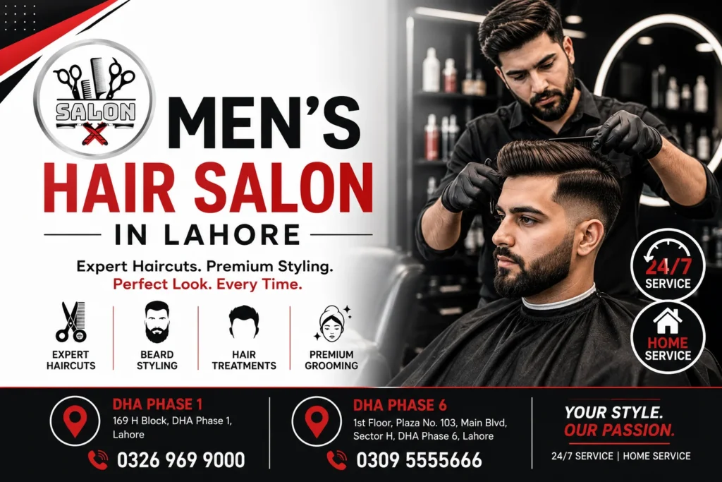 Professional men's hair salon in Lahore by Salon X featuring expert haircuts, beard styling, premium grooming, 24/7 service, and branches in DHA Phase 1 and DHA Phase 6.