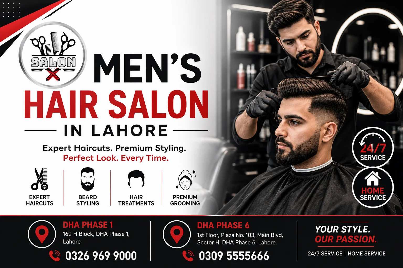 Professional men's hair salon in Lahore by Salon X featuring expert haircuts, beard styling, premium grooming, 24/7 service, and branches in DHA Phase 1 and DHA Phase 6.