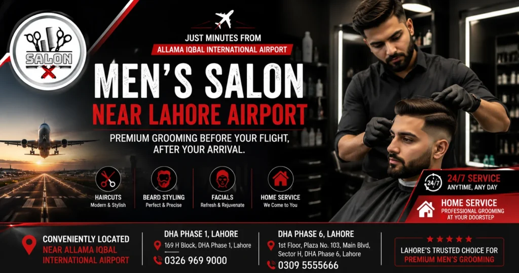 Men's Salon Near Lahore Airport by Salon X offering premium haircuts, beard styling, 24/7 grooming, and home service in DHA Lahore.