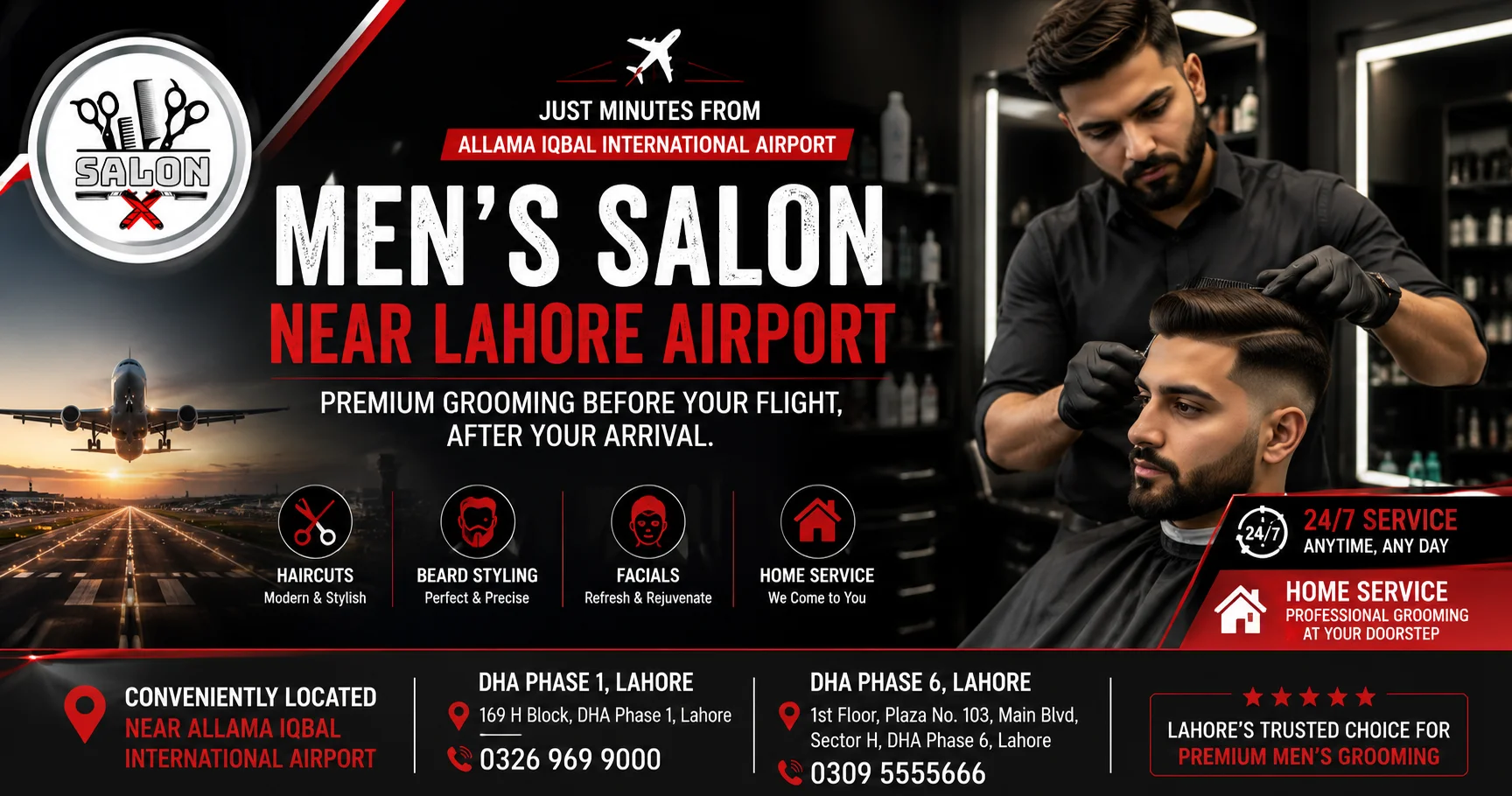 Men's Salon Near Lahore Airport by Salon X offering premium haircuts, beard styling, 24/7 grooming, and home service in DHA Lahore.