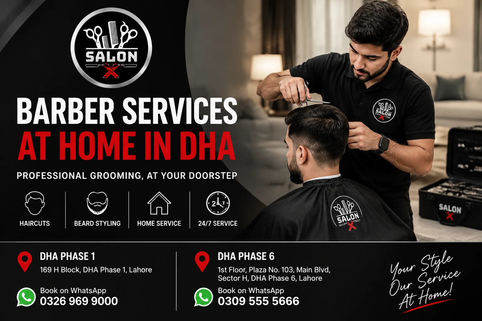 Professional Salon X barber providing men's haircut and grooming services at home in DHA Lahore