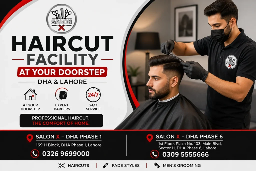 Professional barber providing a men's haircut at home with Salon X in DHA and Lahore