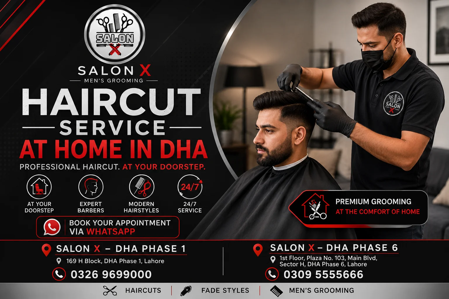Professional barber providing a men's haircut service at home in DHA Lahore with Salon X