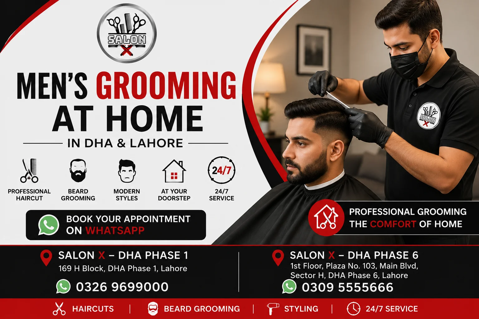 Professional barber providing men's haircut and beard grooming at home in DHA Lahore with Salon X