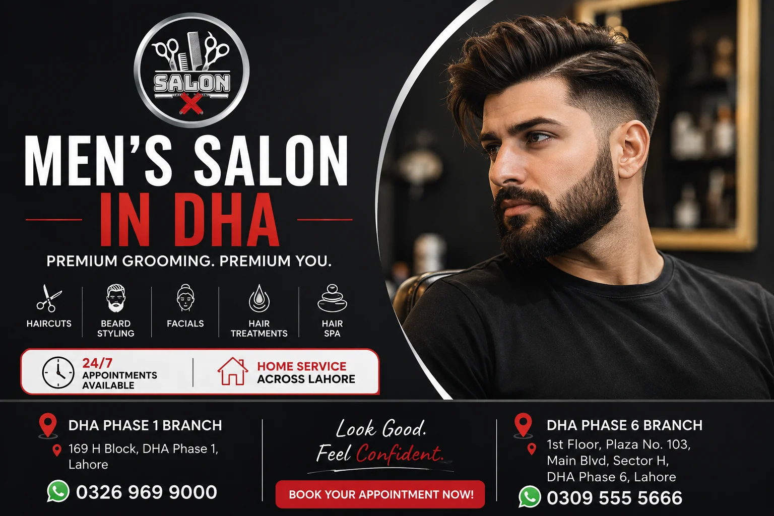 Salon X is a premium men's salon in DHA offering professional haircuts, beard styling, facials, hair treatments, and luxury grooming services at DHA Phase 1 and DHA Phase 6, Lahore.