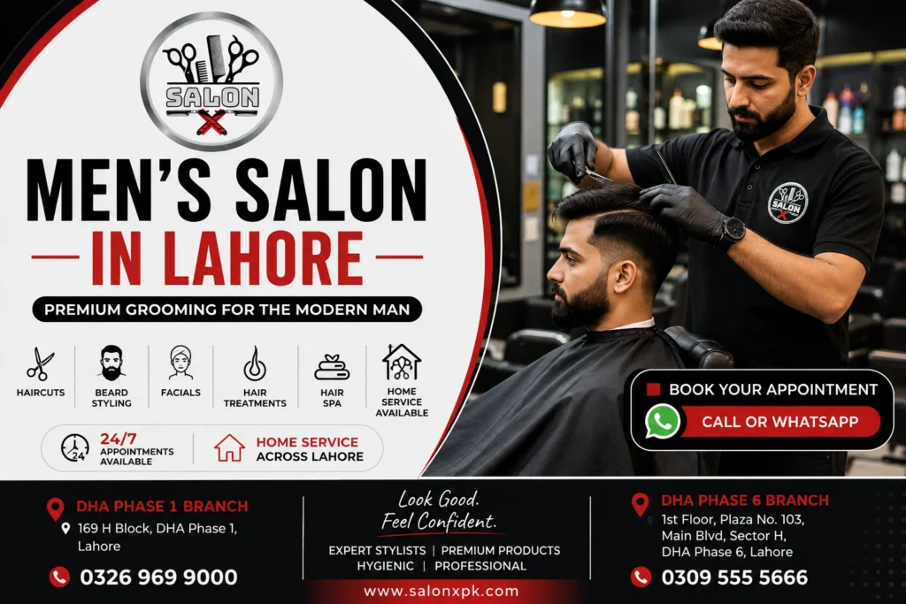 Salon X is a premium men's salon in Lahore offering professional haircuts, beard styling, facials, keratin treatments, protein treatments, and complete grooming at DHA Phase 1 and DHA Phase 6.
