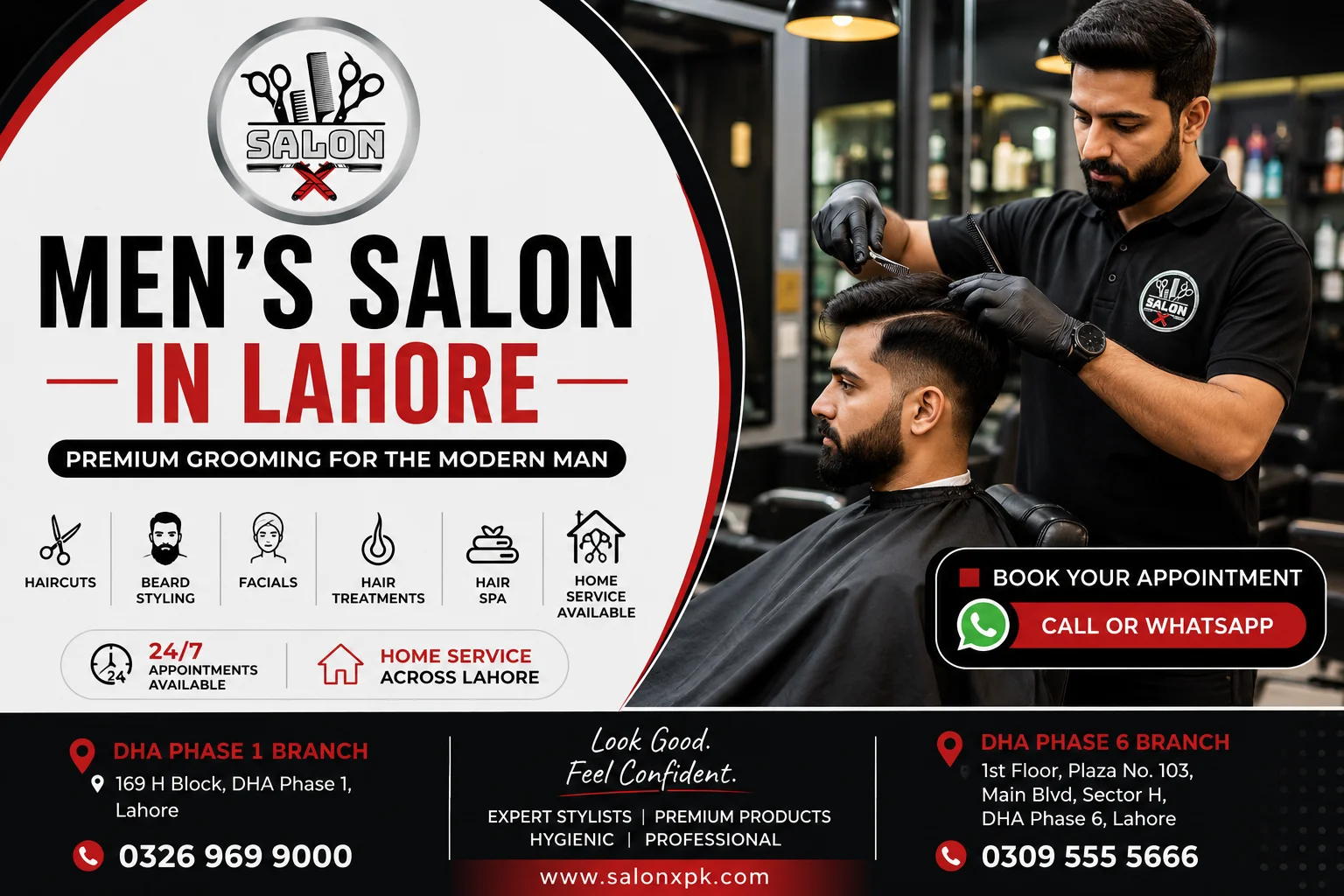 Salon X is a premium men's salon in Lahore offering professional haircuts, beard styling, facials, keratin treatments, protein treatments, and complete grooming at DHA Phase 1 and DHA Phase 6.